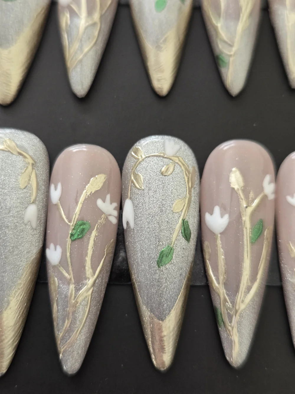 Hand Crafted Nude, Silver & Gold Floral Press-On Nails